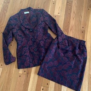 Vtg 90s Y2K Women Skirt Suit Brocade Black Floral Office Career Size 10 Made USA